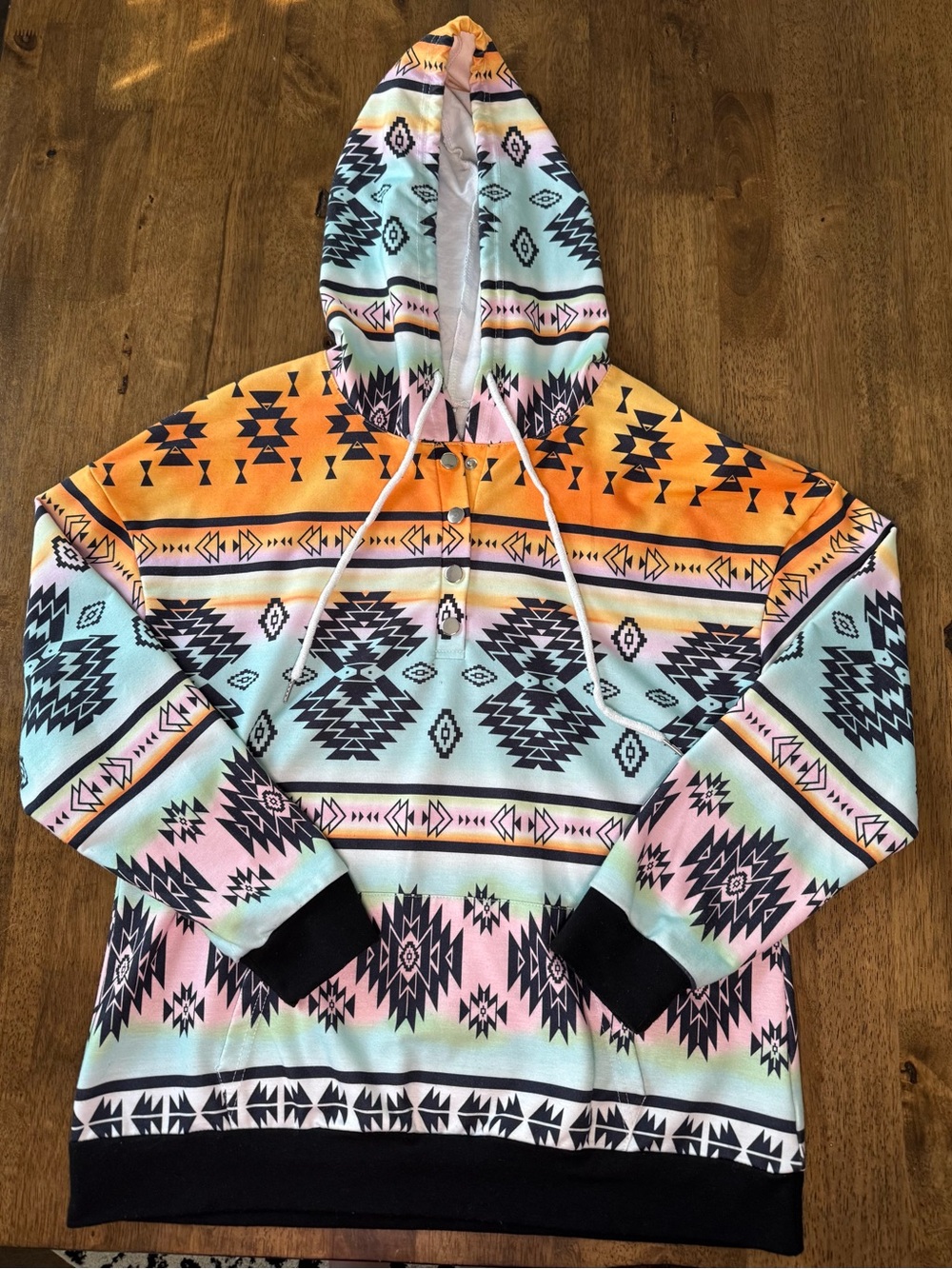 Aztec Southwestern Geometric Print Snap Button Hoodie Sweatshirt Neon Medium